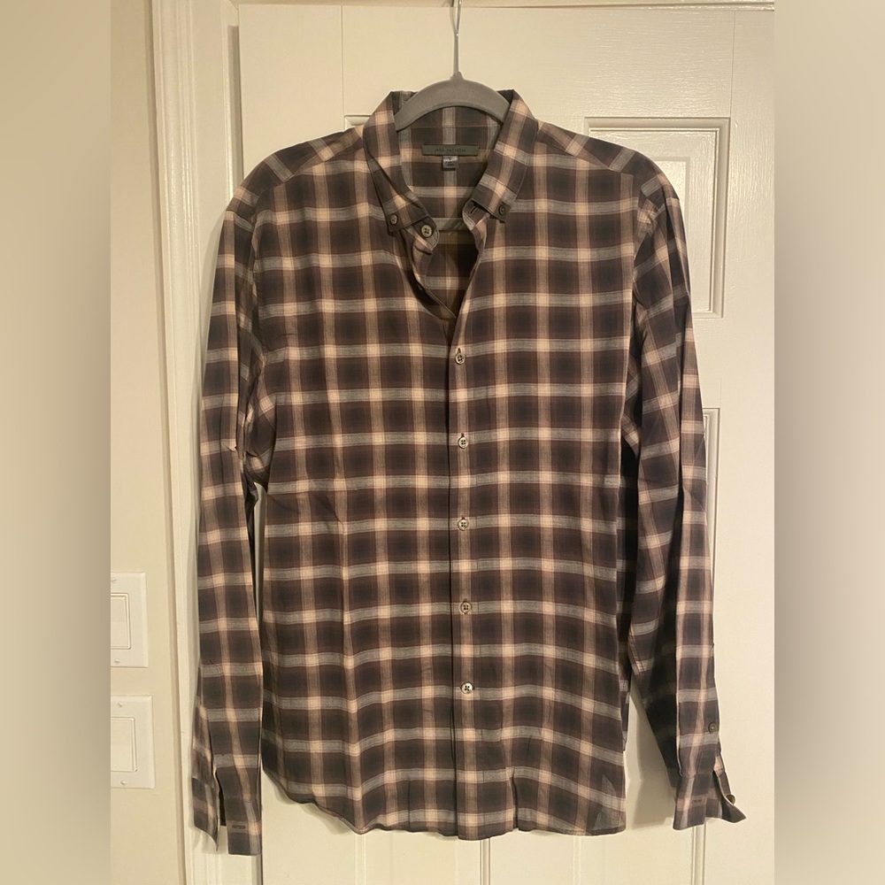 John Varvatus- Men’s brown button down shirt size large.